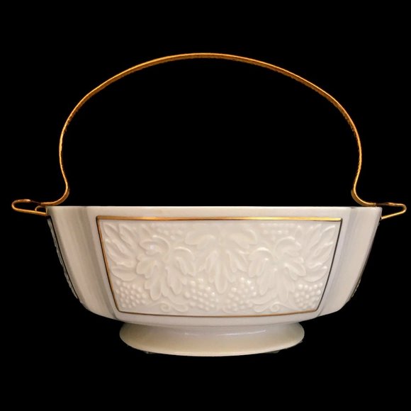 LENOX Bowl Serving Dish China 10" Sq Fruit Grapes Handled Basket 22k Gold Trim - Picture 1 of 8